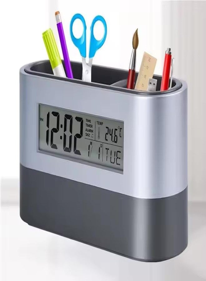 TEMIX Pencil Holder, Pen Holder with Digital LCD Clock Calendar Timer Temperature Display for Home Office Desktop Pencil Cup Electronic Pencil Cup Multifunctional LED Desk Clock 15 x 4.7 x 8cm - Image 1